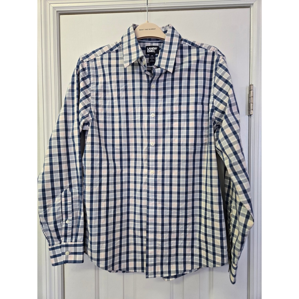 Lands End Mens Medium Traditional Fit Plaid Button Down Shirt Blue White Stretch